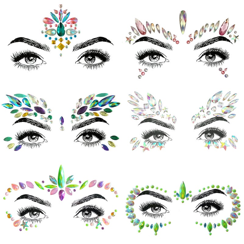 SHINEYES 6 Pcs Festival Gems, Glitter Rhinestone Rave Face Jewels, Crystals Stickers, Eyes Body Temporary Tattoos - Image 1